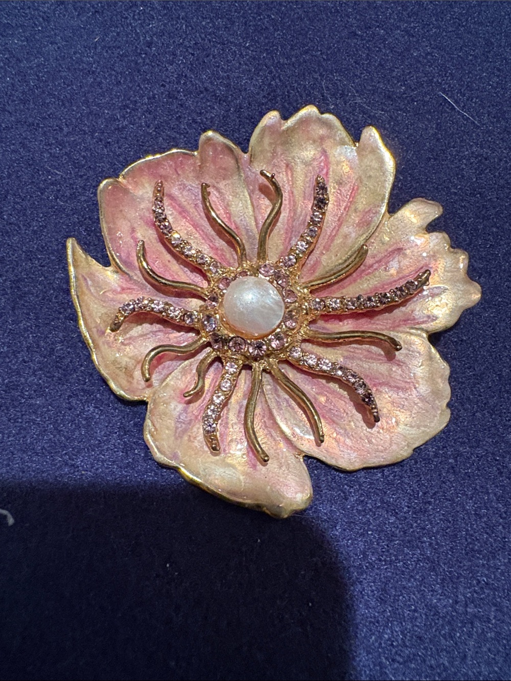 Elegant Pink Enamel Floral Brooch with Faux Pearl Center